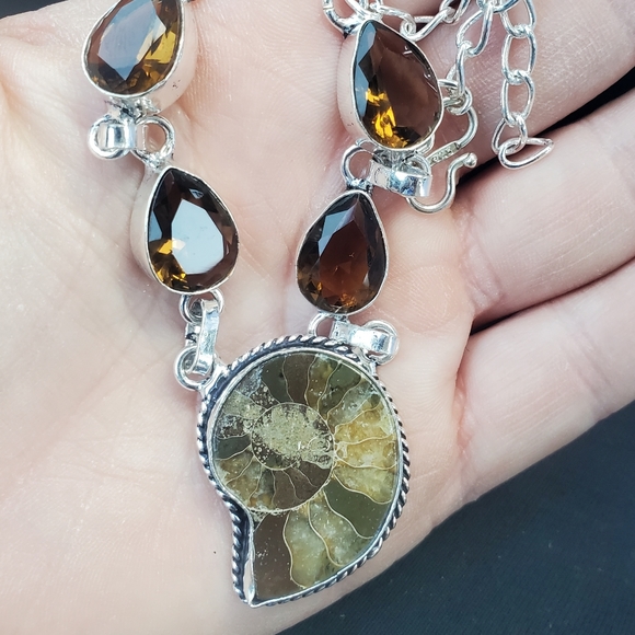 New Ammonite Fossil and Smoky Topaz 925 Silver Necklace. - Picture 9 of 15